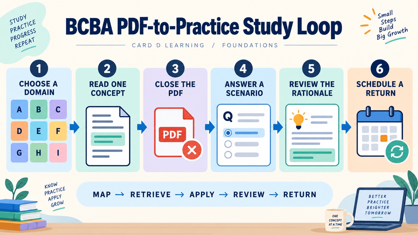 BCBA PDF-to-practice study loop showing choose a domain, read one concept, close the PDF, answer a scenario, review the rationale, and schedule a return.
