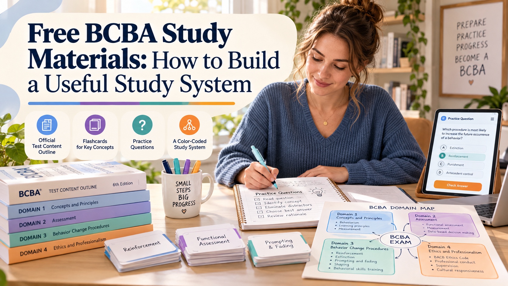 A realistic White woman studies with free BCBA materials, a content outline, flashcards, practice questions, a domain map, and a study app in an integrated ABA Study Online editorial scene.
