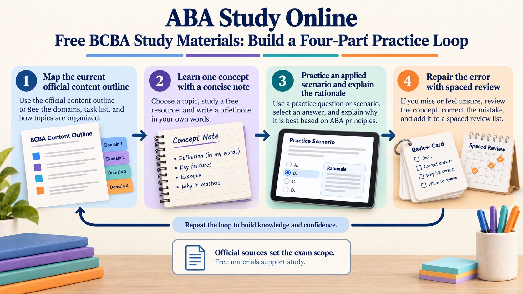 No-person infographic showing a four-part BCBA study loop: map the current official content outline, learn one concept with a concise note, practice an applied scenario and explain the rationale, then repair the error with spaced review.
