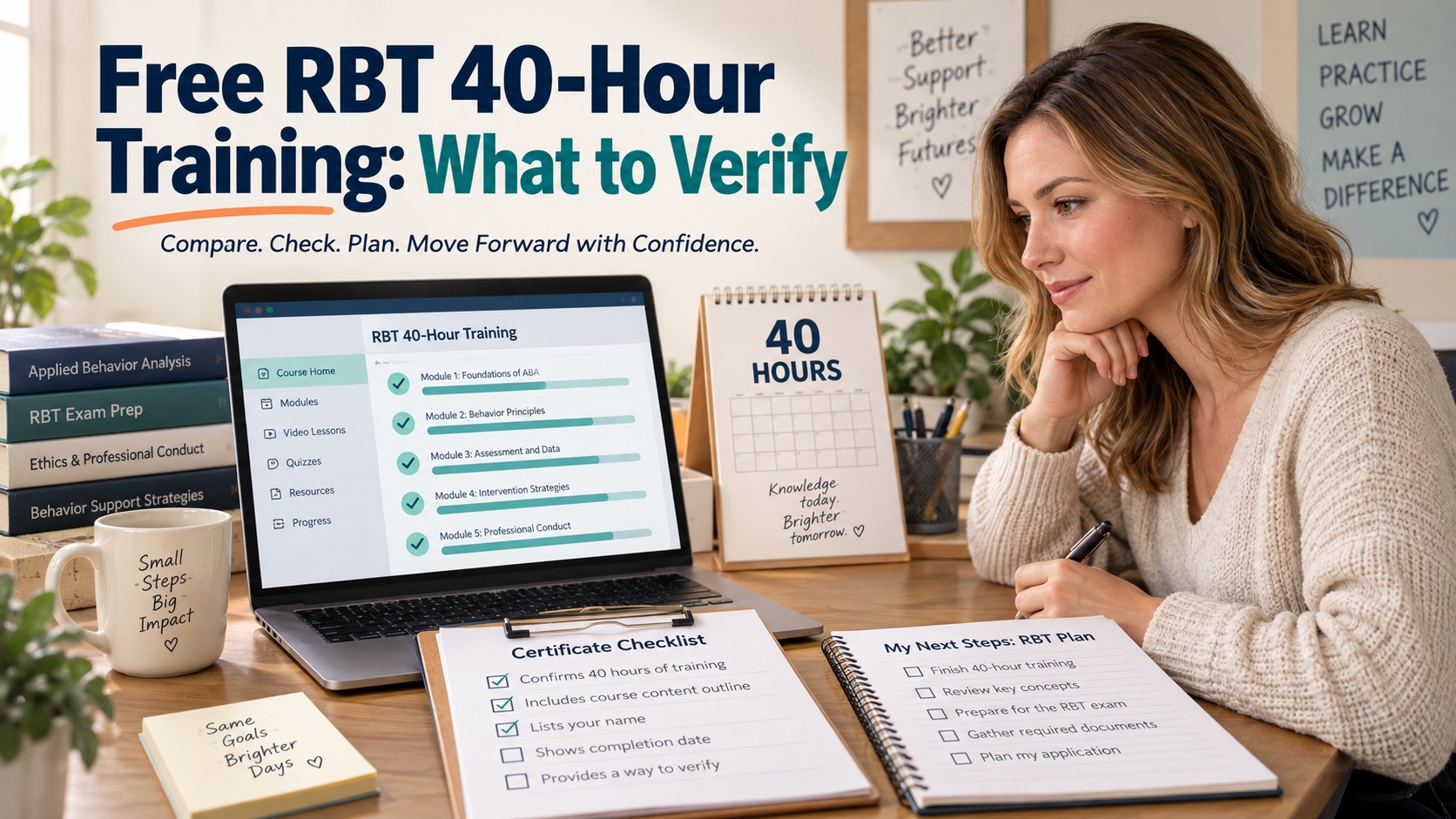 A White female learner reviews a free RBT course dashboard, 40-hour calendar, certificate wording checklist, and next-step plan in one integrated editorial scene.