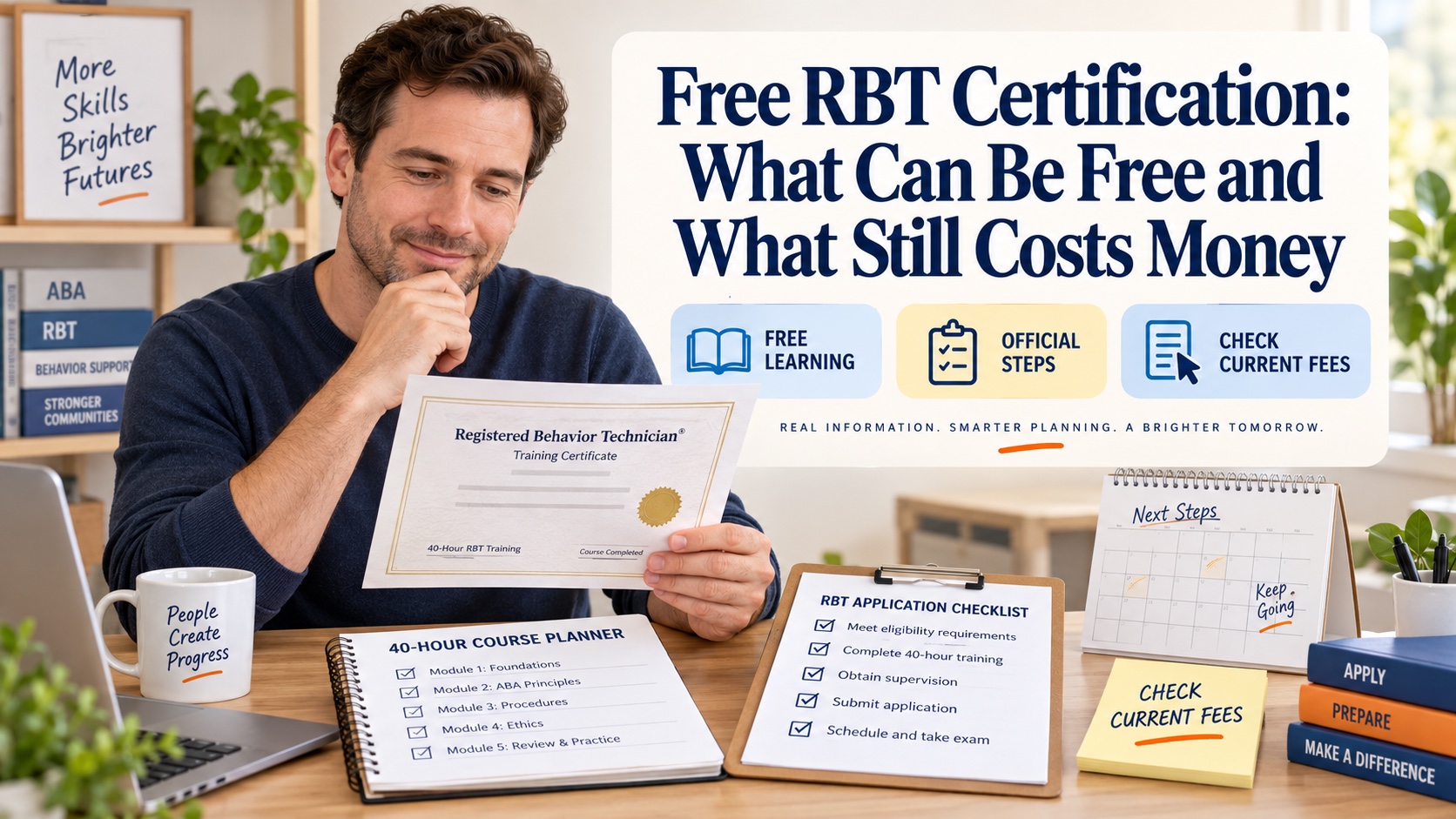 A realistic White man checks a 2026 RBT training certificate, BACB application checklist, and certification cost notes in one integrated editorial scene.