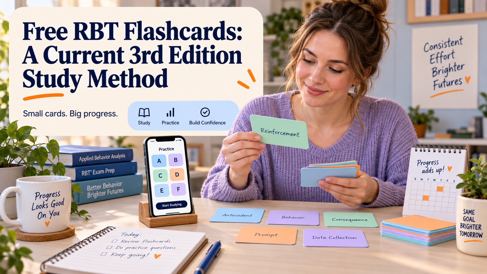 A White female RBT learner reviewing current 3rd edition flashcards, A–F study tabs, practice cards, and a study calendar.