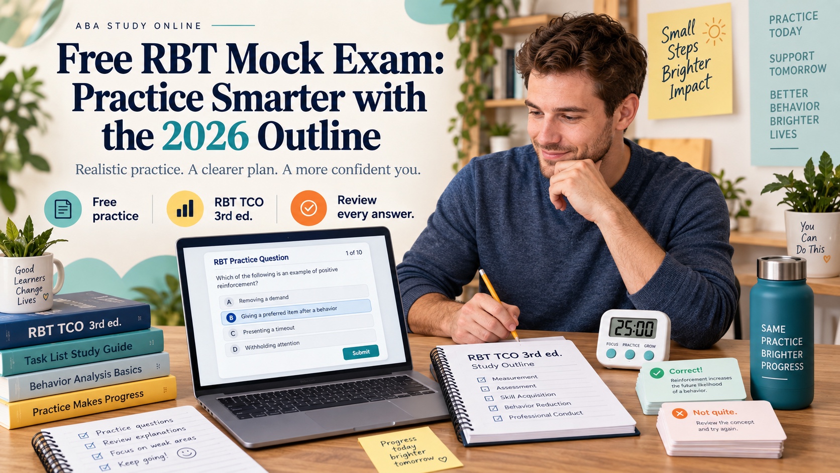 A realistic White male RBT learner reviews an RBT practice question on a laptop with a 2026 outline, timer, answer cards, and study notes in an integrated editorial scene titled Free RBT Mock Exam: Practice Smarter with the 2026 Outline.