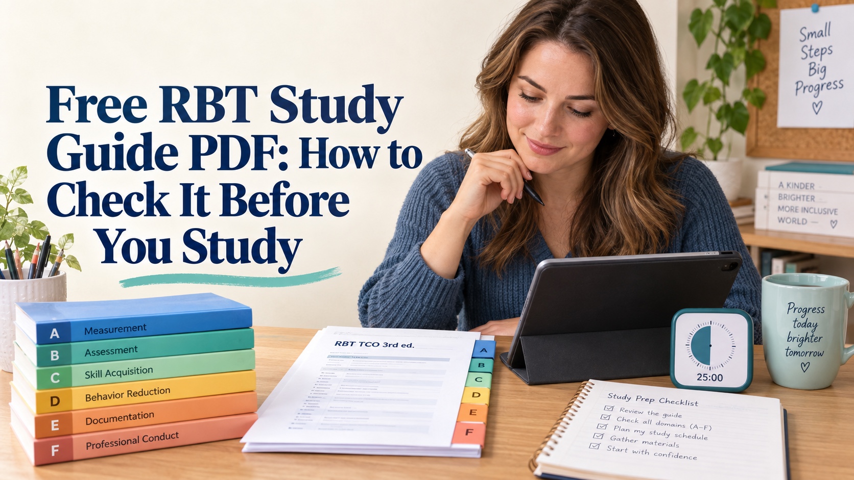 A White female RBT learner reviewing a printable study guide PDF beside domain cards, a timer, and a practice notebook.