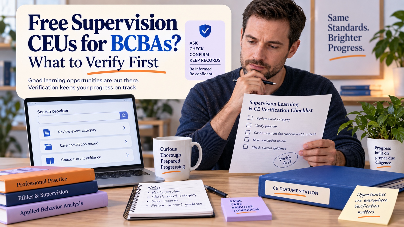 A realistic White man reviews a BCBA supervision learning and CE verification checklist beside a provider-search screen, blank calendar, and record folder in an integrated editorial cover.