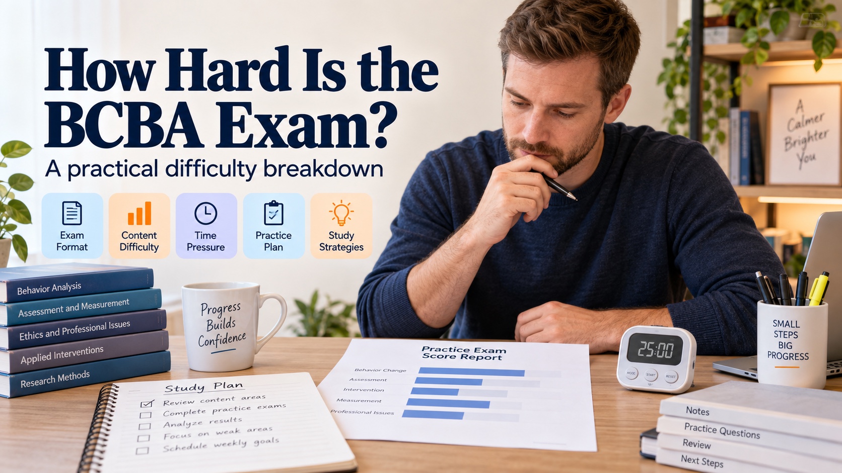 A White male BCBA candidate reviews a practice score report, content outline, timed question cards, and a focused study plan in one integrated editorial scene.