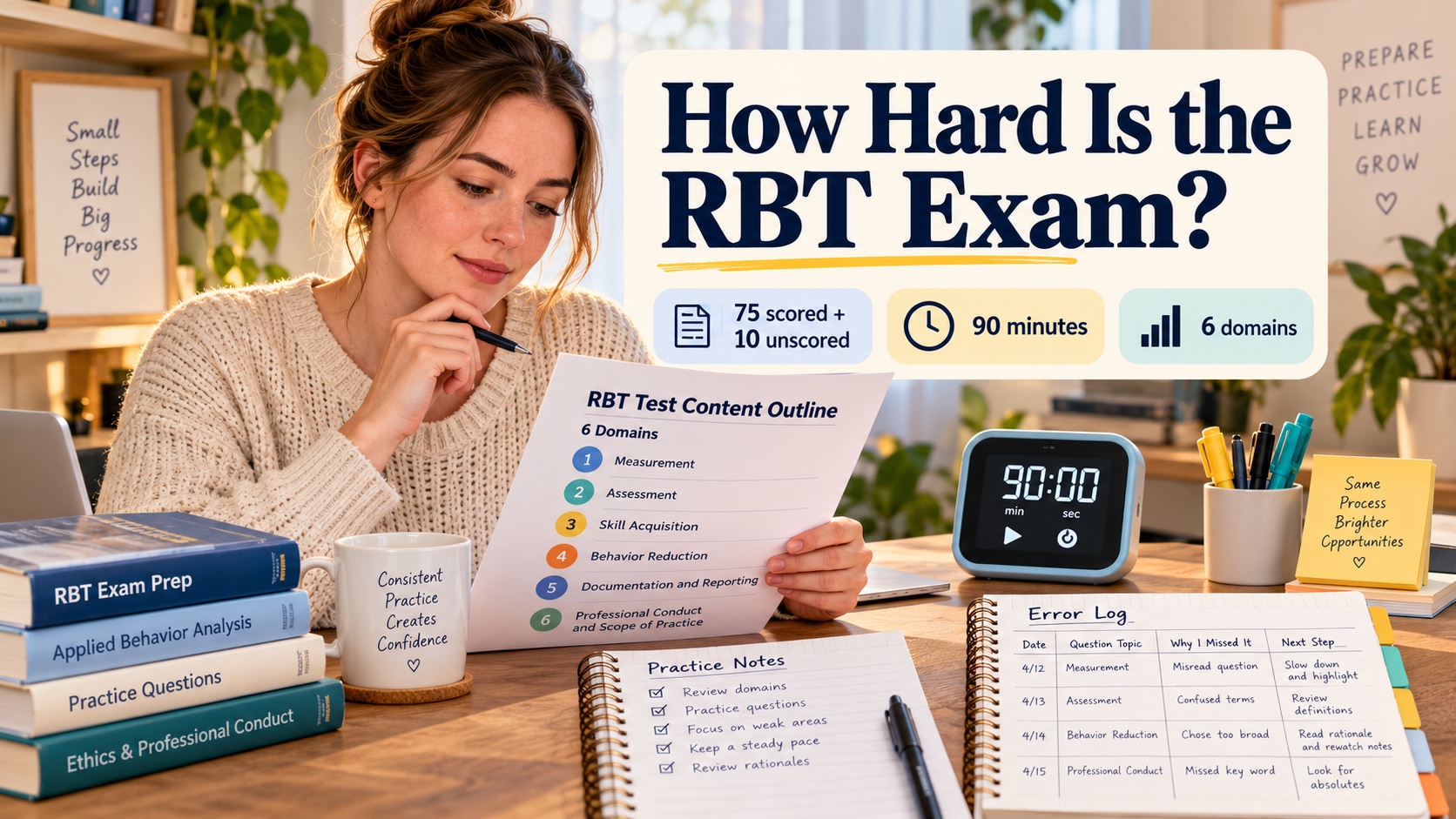 A realistic White woman RBT candidate reviews an RBT Test Content Outline, a 90-minute timer, practice notes, and an error log in an integrated editorial scene titled How Hard Is the RBT Exam?