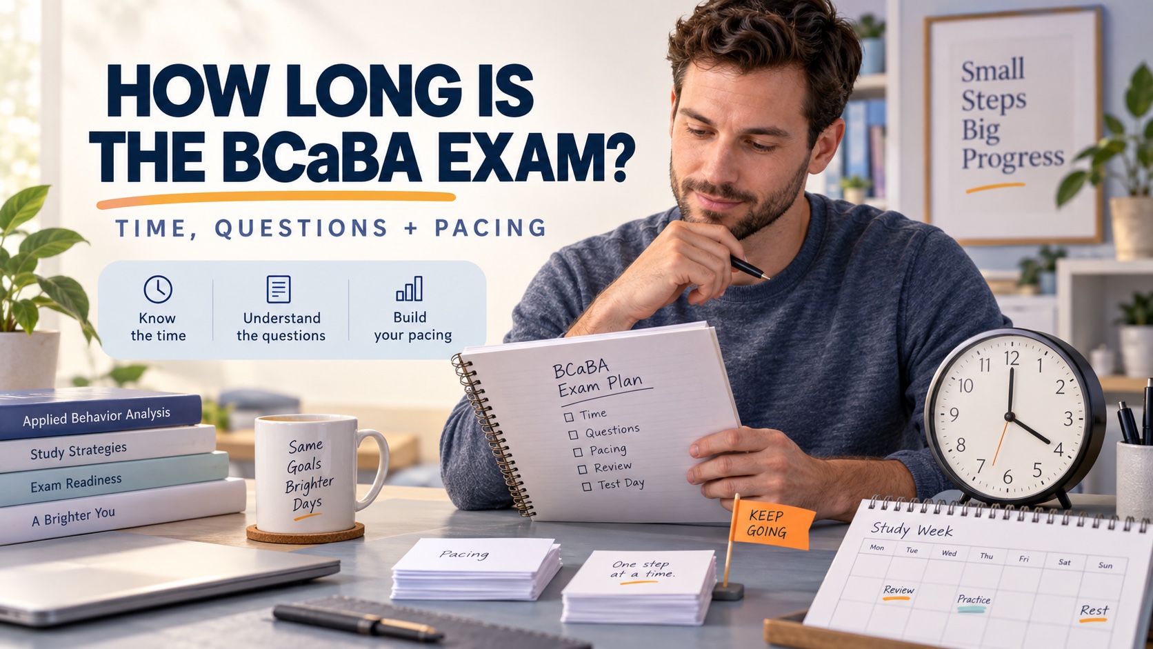 A White man plans a BCaBA exam rehearsal beside a four-hour clock, question cards, and a pacing notebook.