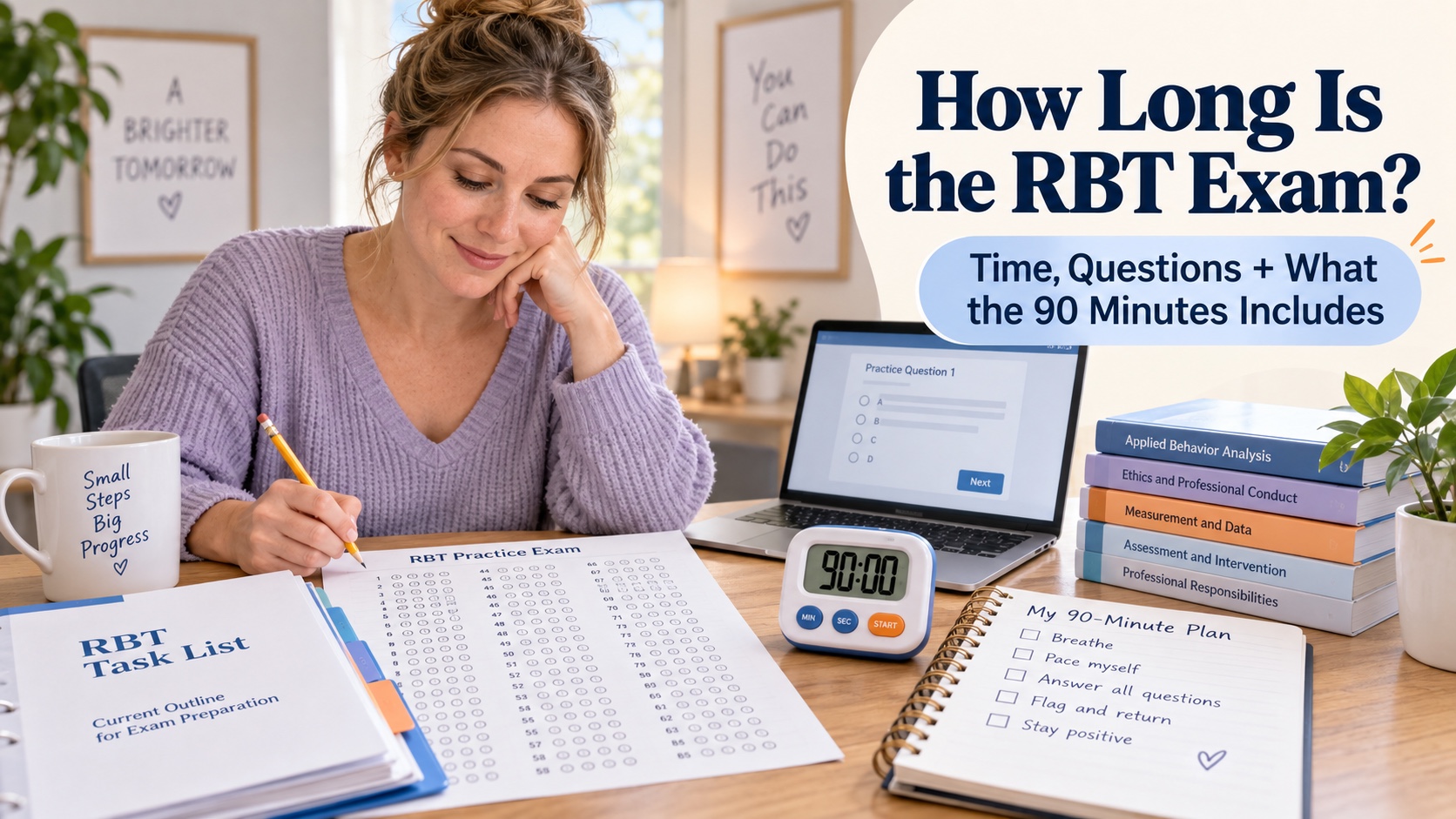 A realistic White woman reviews an RBT exam timer, 85-question answer sheet, current outline binder, and pacing checklist in one integrated editorial scene titled How Long Is the RBT Exam?