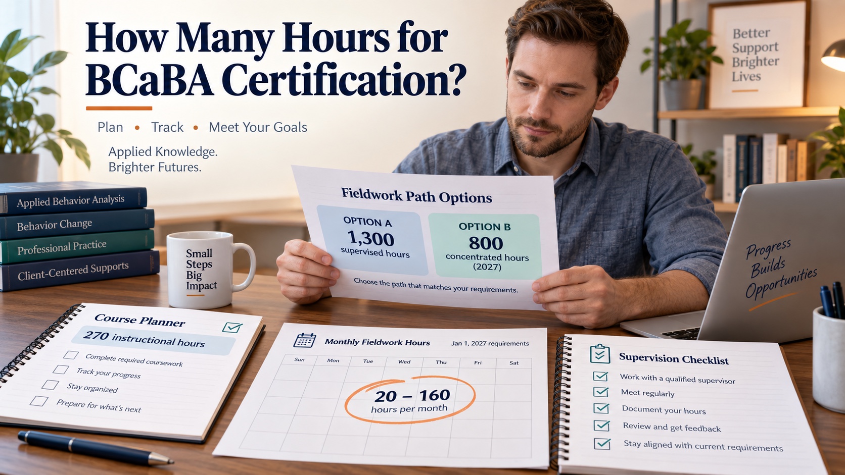 A White man reviews a BCaBA fieldwork log beside a course planner, monthly calendar, and neutral supervision notes in one integrated editorial scene.