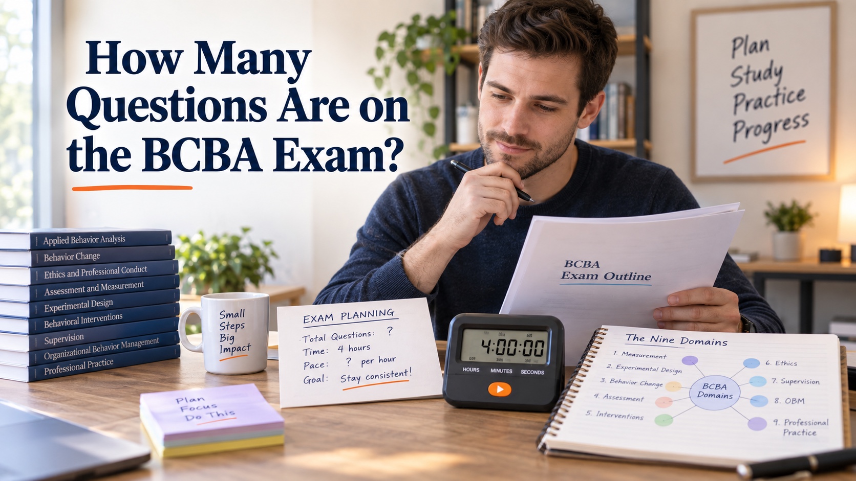 A realistic White man reviews a BCBA exam outline, four-hour timer, question-count planning card, and nine-domain study map in an integrated editorial scene.