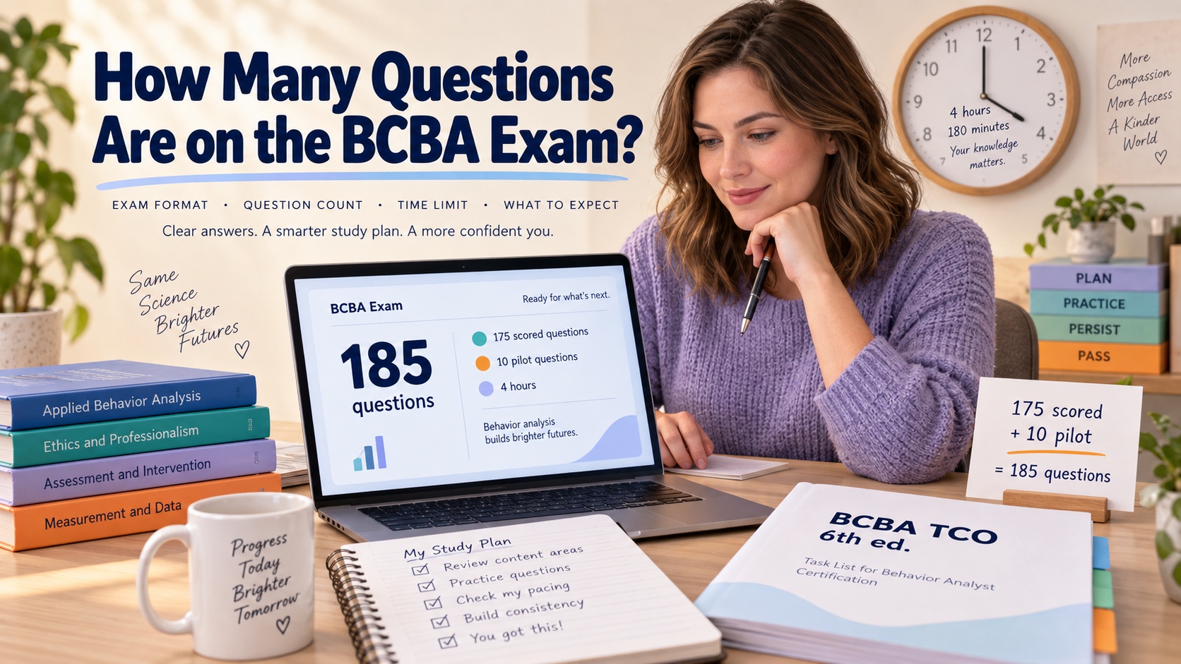 A White woman studies the BCBA exam question count with a laptop, four-hour clock, BCBA TCO 6th-edition document, and pacing notes in an integrated ABA Study Online editorial scene.