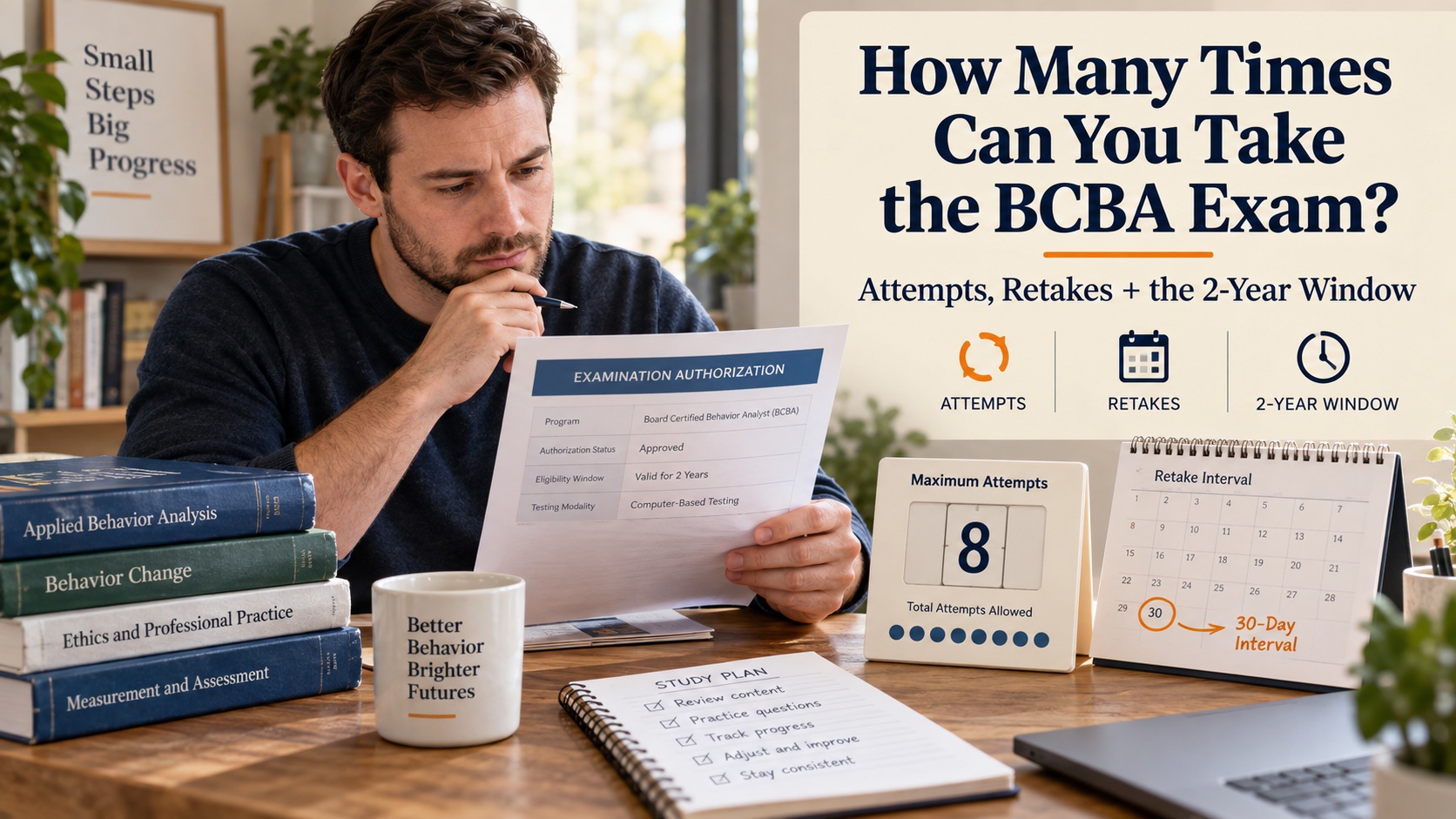A realistic White man reviews a BCBA exam authorization card, eight-attempt counter, 30-day calendar marker, and study repair notebook in one integrated editorial scene titled How Many Times Can You Take the BCBA Exam?