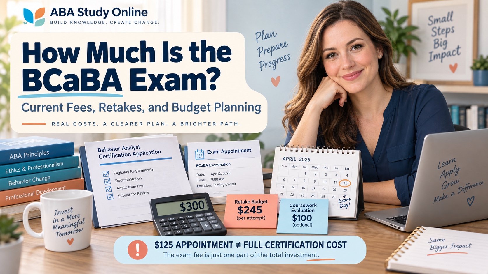 A White female BCaBA candidate reviews an application fee sheet, Pearson VUE exam appointment, calculator, calendar, and retake budget in one integrated editorial scene.