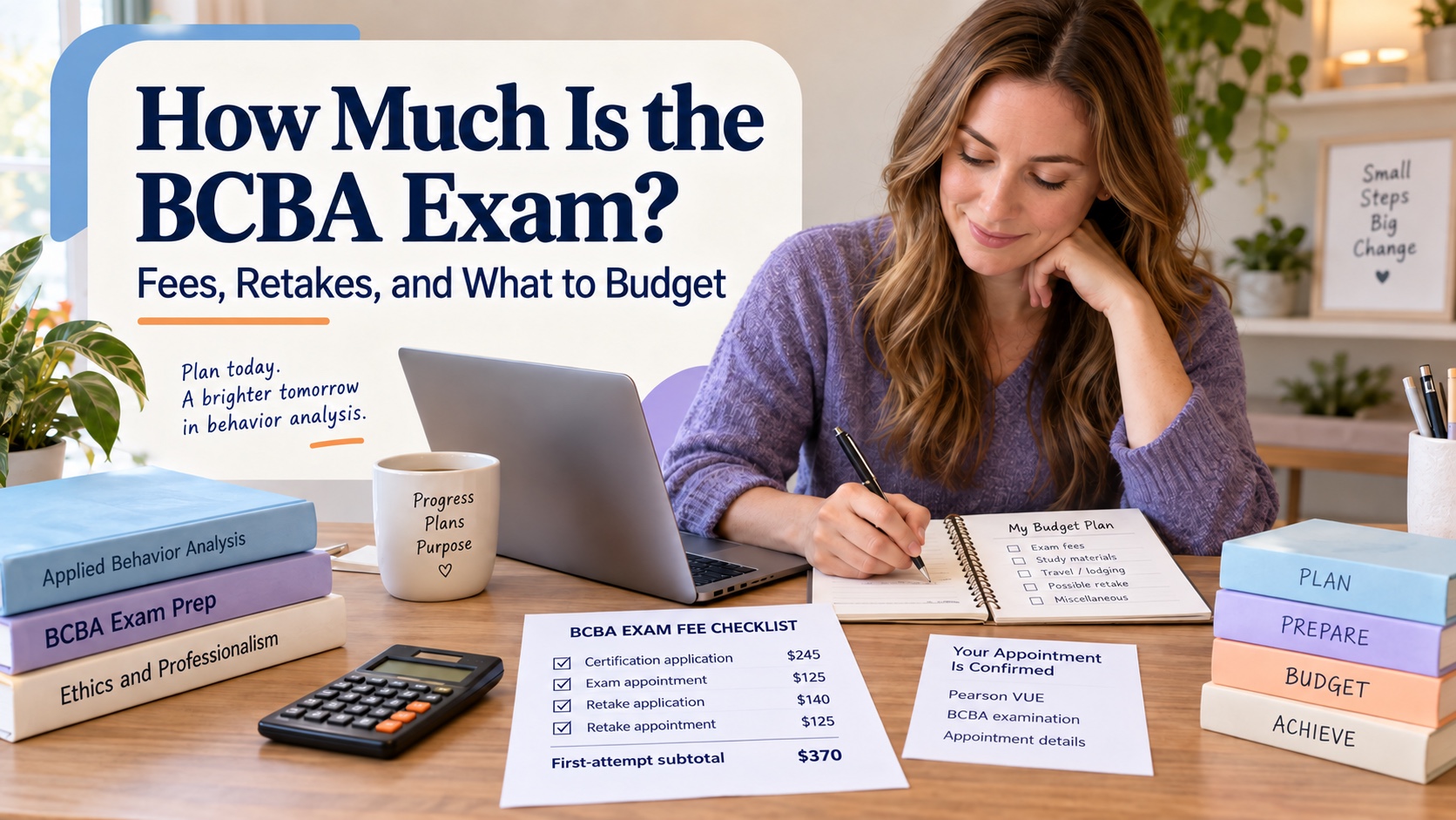A realistic White woman reviews BCBA application and appointment fees with a calculator, budget notebook, and integrated title design.