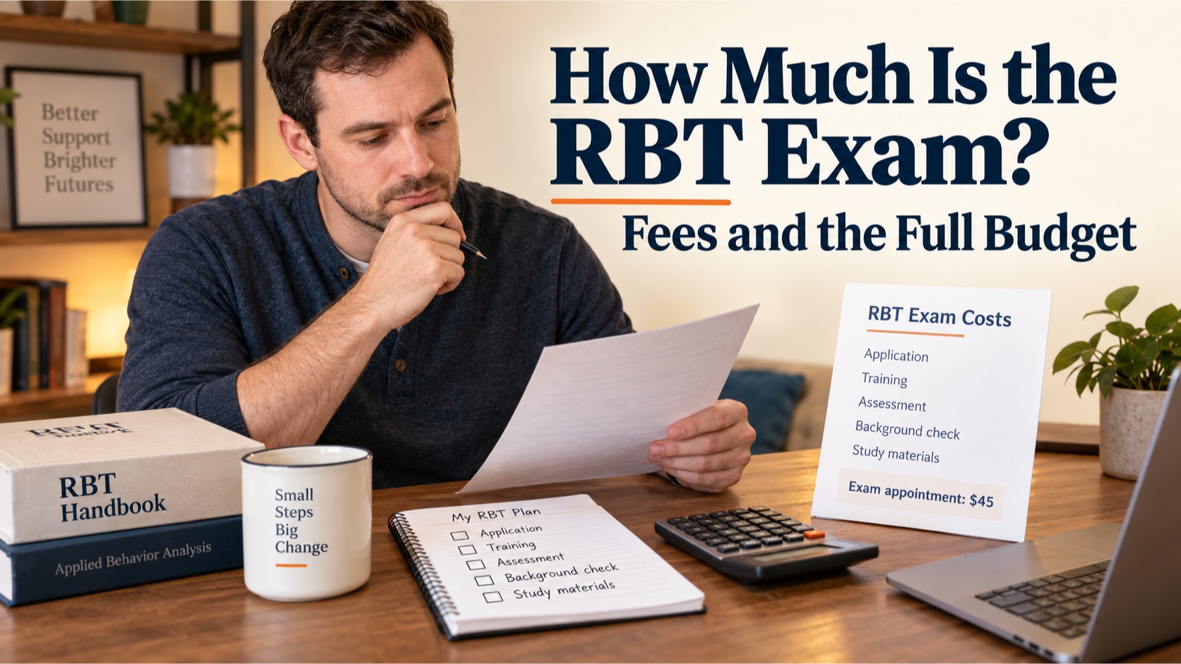 A realistic White man reviews an RBT exam budget at a warm desk with a handbook, Pearson VUE fee note, training checklist, and calculator in an integrated editorial cover.