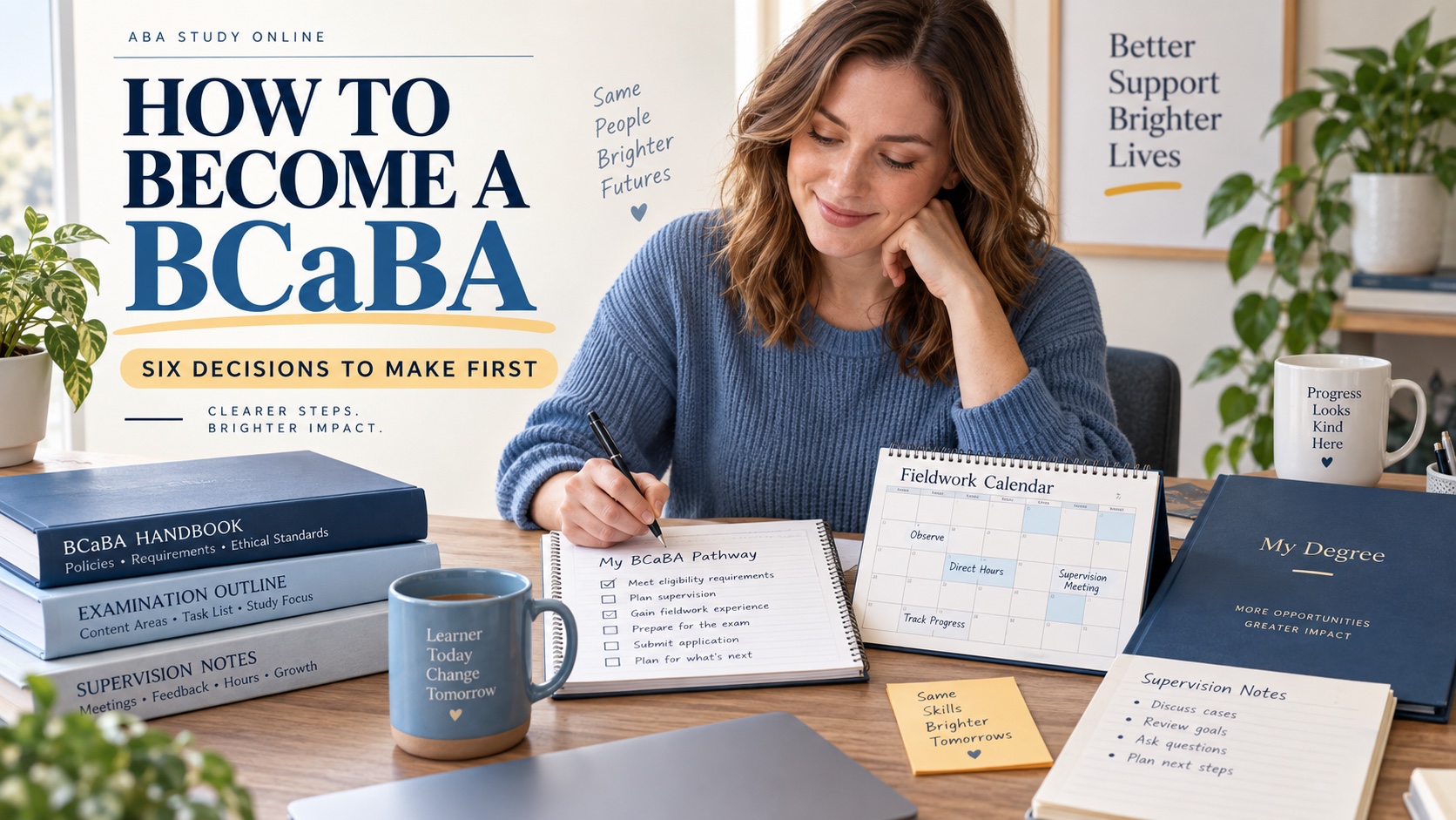 A White female BCaBA learner organizes a degree folder, pathway checklist, fieldwork calendar, current handbook, and examination notes in an integrated editorial planning scene.