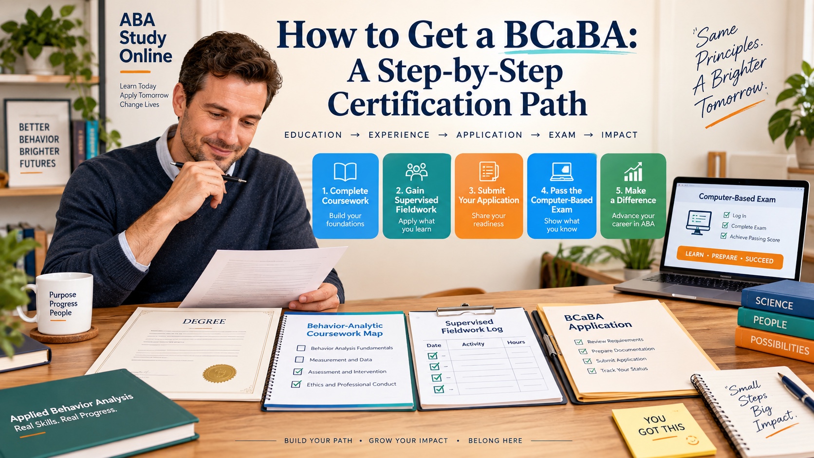 A White man reviews a BCaBA degree document, behavior-analytic coursework map, supervised fieldwork log, application folder, and examination cue in an integrated ABA Study Online editorial scene.