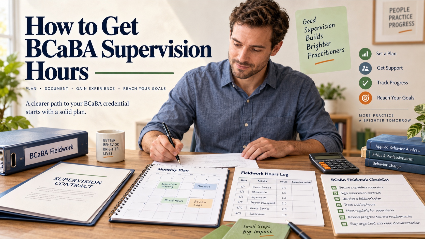 A White man organizes a BCaBA supervision contract, monthly calendar, fieldwork log, and verification checklist in an integrated ABA Study Online editorial scene.