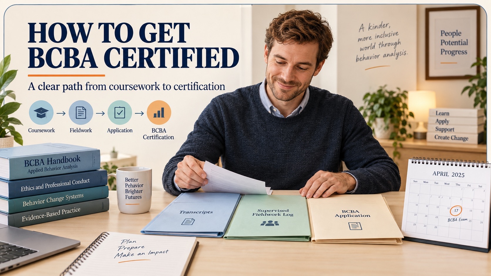 A White male BCBA applicant organizes a handbook, transcript folder, fieldwork log, application file, and examination calendar in one integrated editorial study scene.