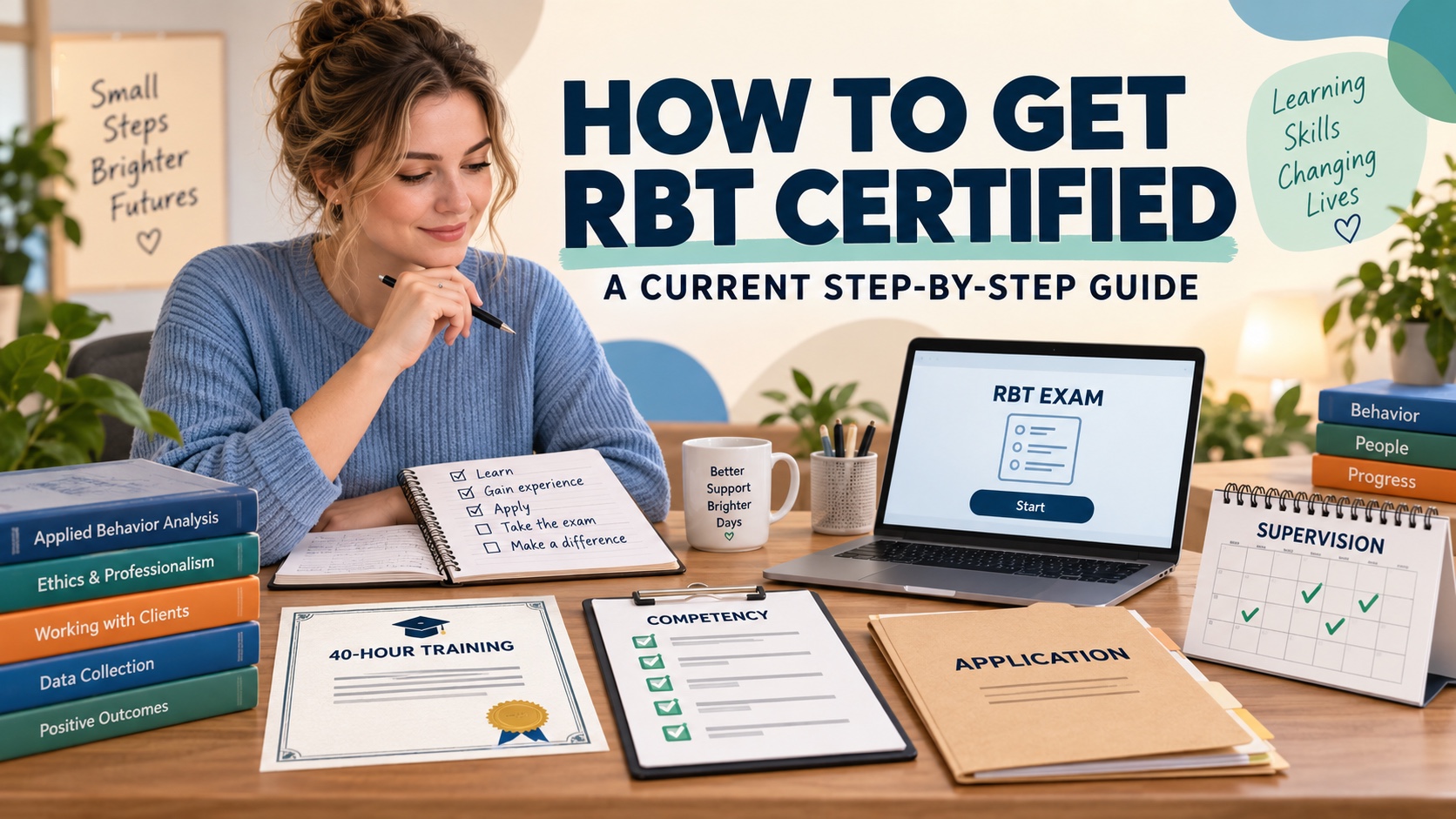 A White female learner reviews an RBT certificate, competency checklist, application file, exam screen, and supervision calendar in one integrated editorial scene.