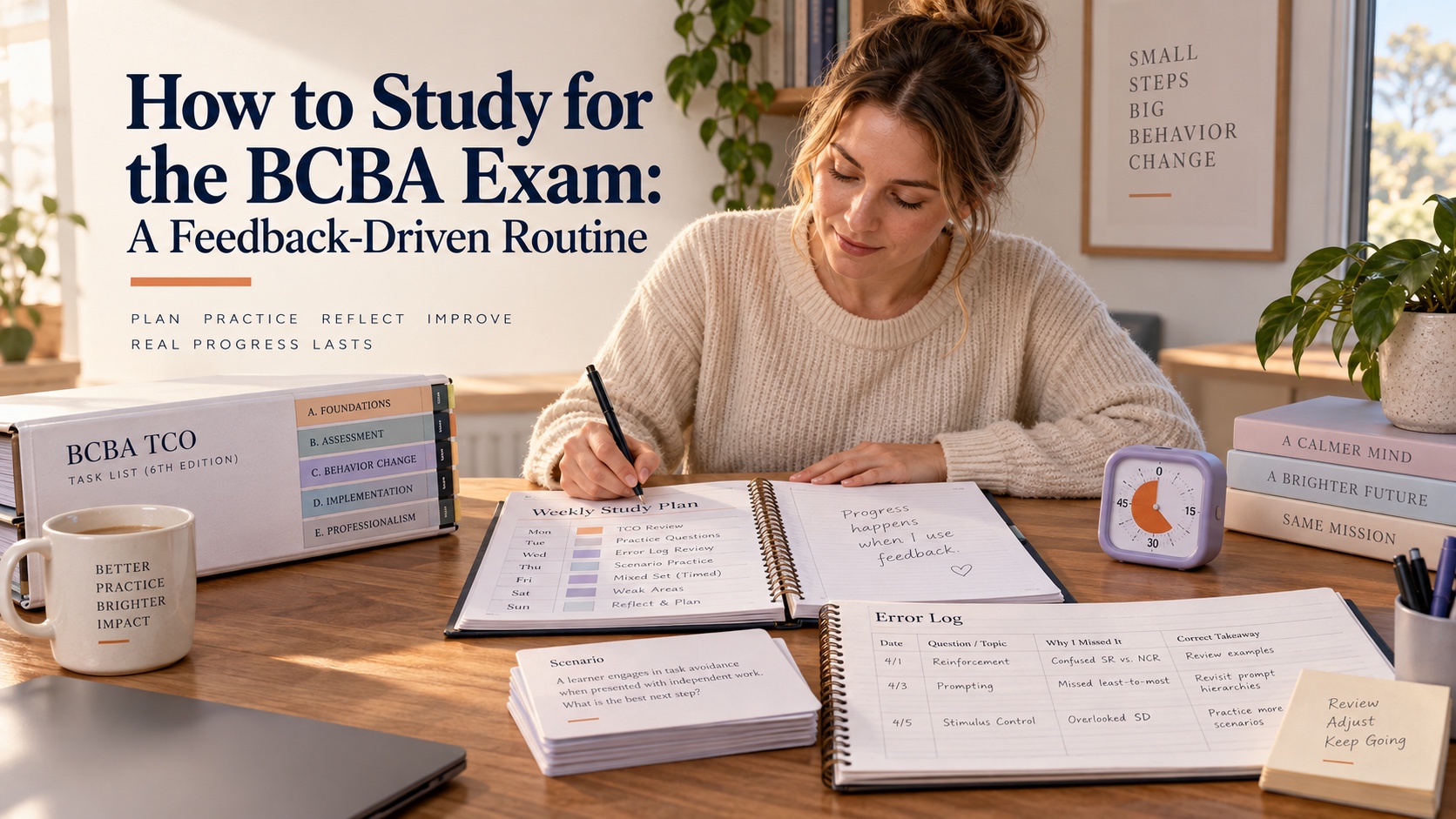 A realistic White woman studies for the BCBA exam using a weekly study plan, BCBA TCO binder, scenario question cards, timer, and error log in an integrated editorial scene titled How to Study for the BCBA Exam: A Feedback-Driven Routine.