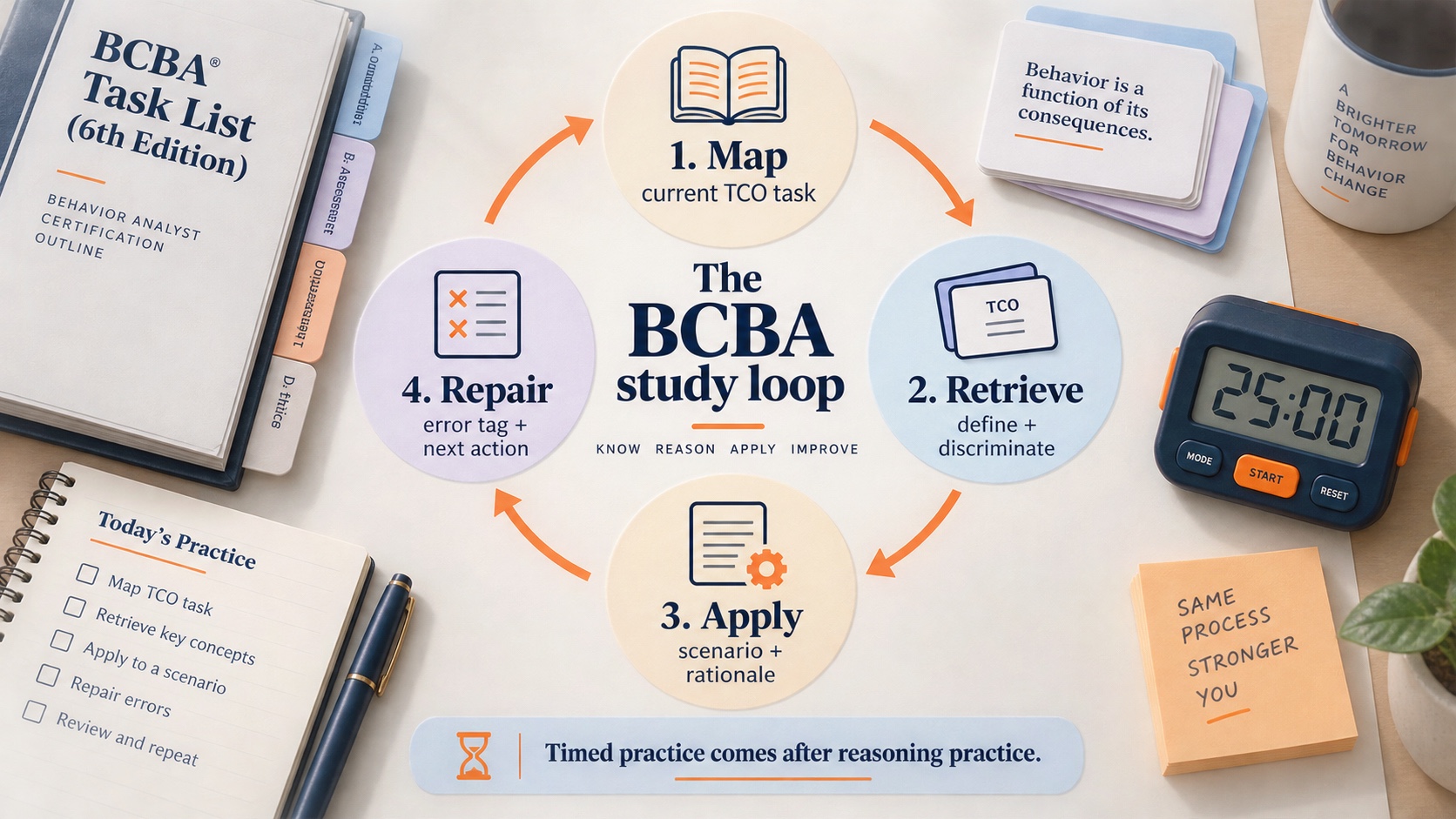 No-person infographic showing the BCBA study loop: map a current TCO task, retrieve and discriminate concepts, apply them to a scenario with rationale, repair errors with a next action, and return to transfer practice.