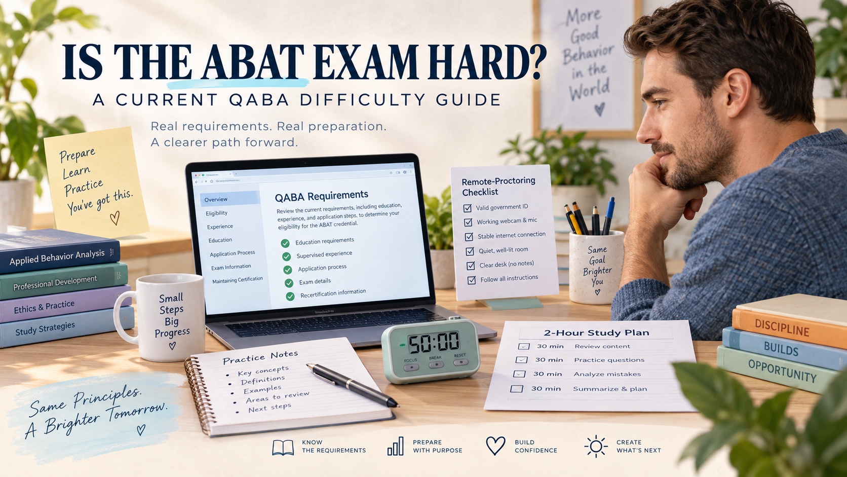 A White male ABAT candidate reviews a current QABA requirements page, remote-proctoring checklist, practice notes, and a calm two-hour study plan in one integrated editorial scene.