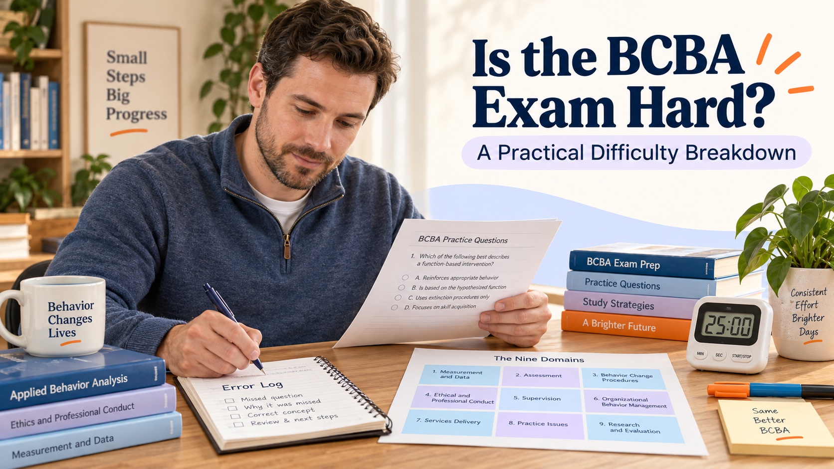 A realistic White man reviews a BCBA practice question, domain map, timer, and error log in one integrated editorial scene titled Is the BCBA Exam Hard? A Practical Difficulty Breakdown.