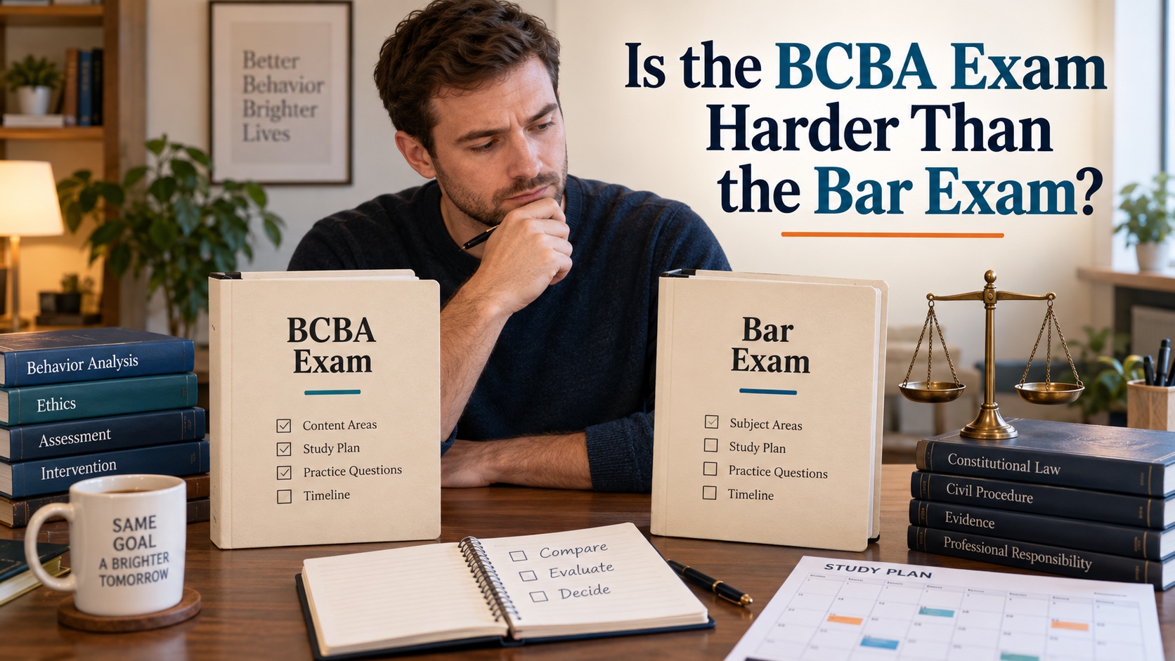 A realistic White man compares two neutral study plans for the BCBA exam and a bar exam using a decision notebook, content maps, and a calendar in an integrated editorial cover.