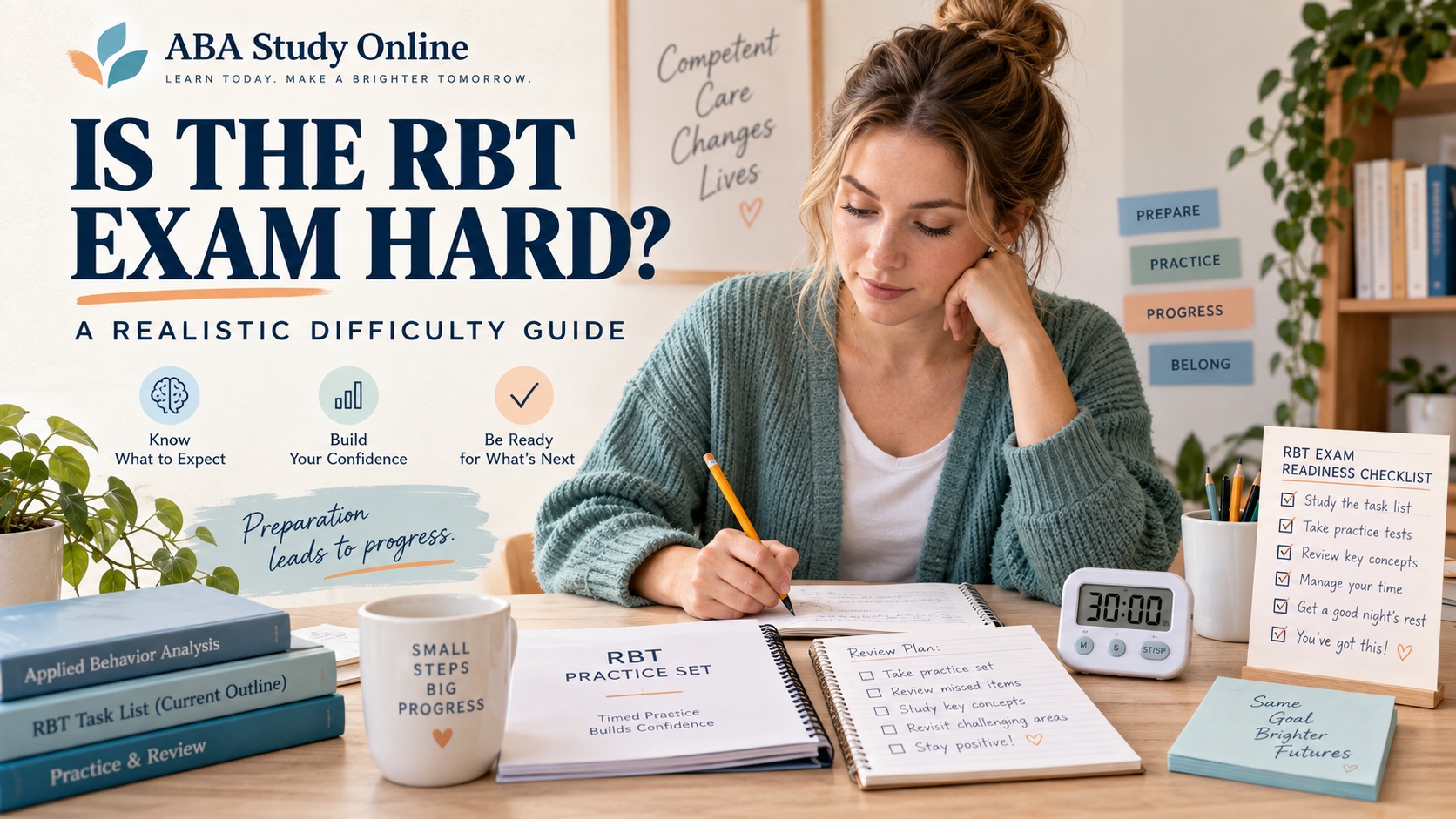 A White female RBT candidate reviews a timed practice set, current outline binder, study notes, and a calm readiness checklist in one integrated editorial scene.