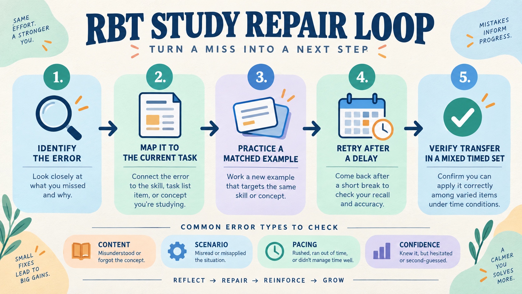 No-person infographic showing an RBT exam repair loop: identify the error, map it to the current task, practice a matched example, retry after a delay, and verify transfer in a mixed timed set.