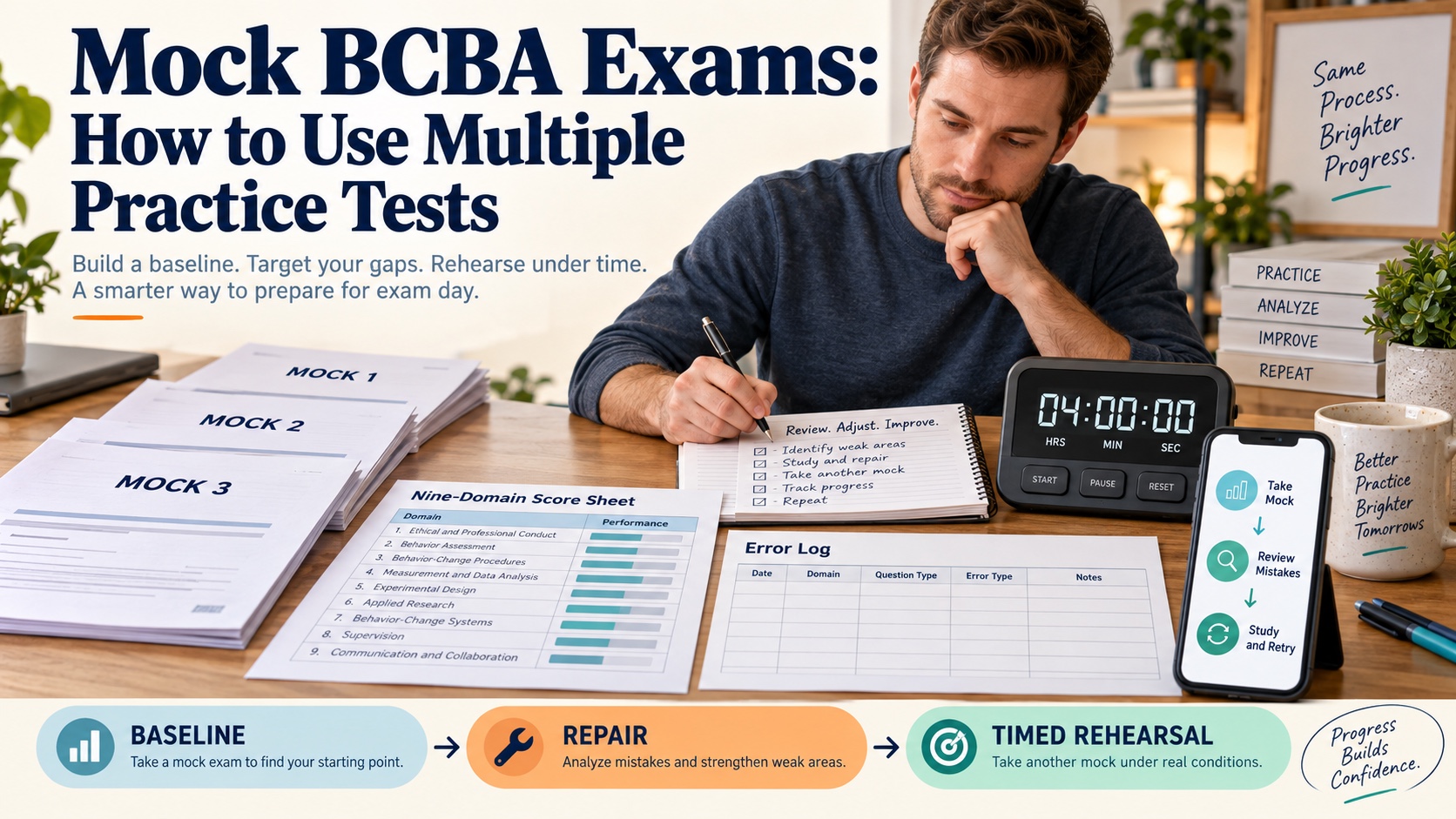 A White man compares multiple neutral BCBA practice forms beside a four-hour timer, domain score sheet, error log, and phone review screen in one integrated editorial scene.