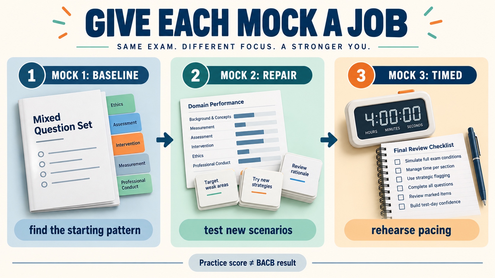 No-person infographic showing a three-form BCBA mock-exam sequence: baseline, targeted repair, and timed rehearsal, with a different purpose and next action for each form.