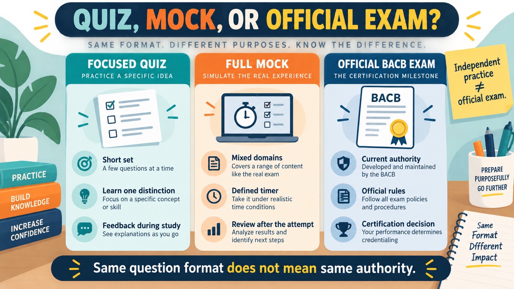 No-person infographic comparing a focused RBT quiz, a full mock RBT exam, and the official BACB examination, with purpose, feedback, and authority boundaries separated.