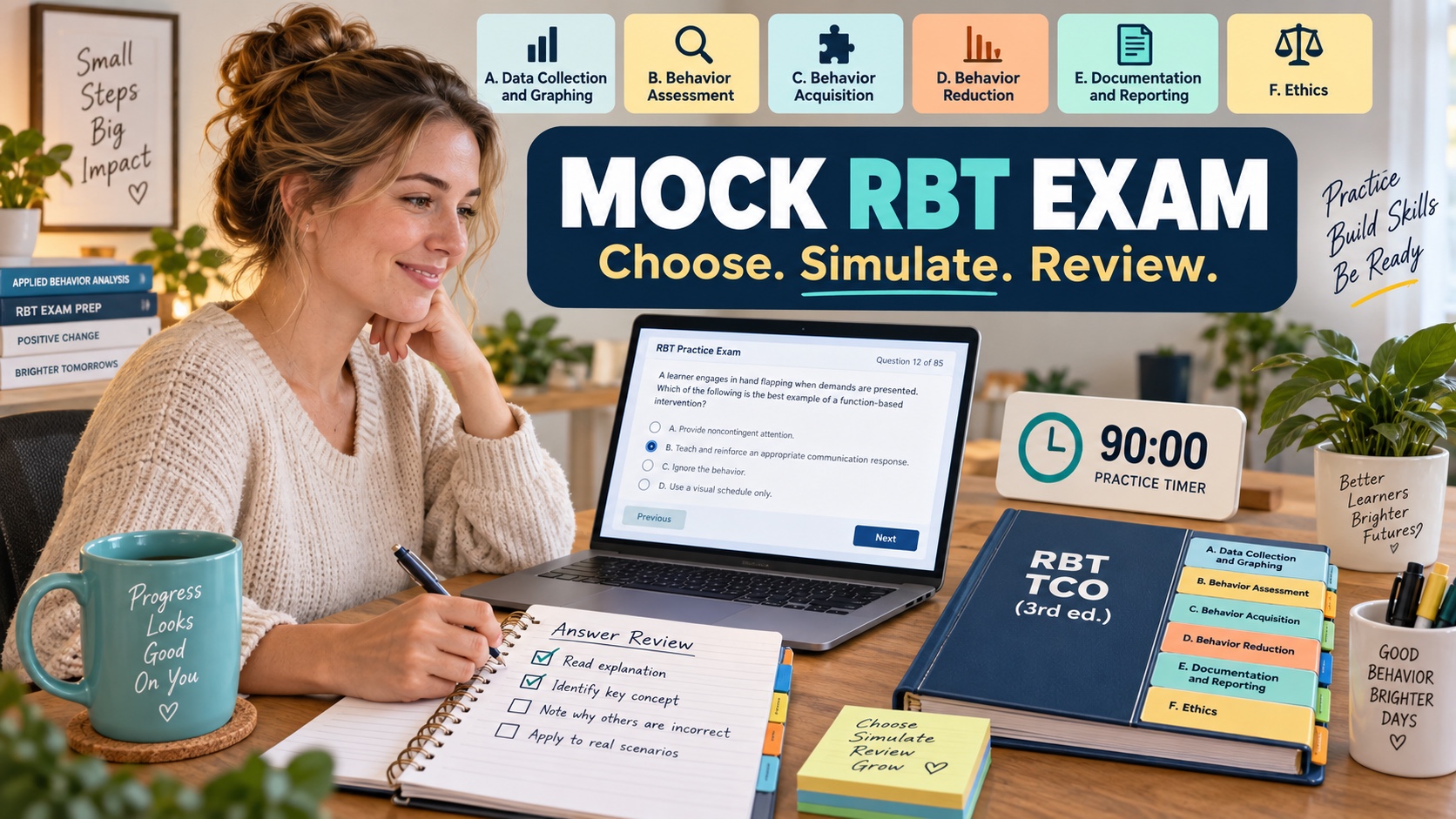 A White woman completes a timed mock RBT exam beside a current outline binder, answer-review notes, and a calm readiness checklist in one integrated ABA Study Online editorial scene.