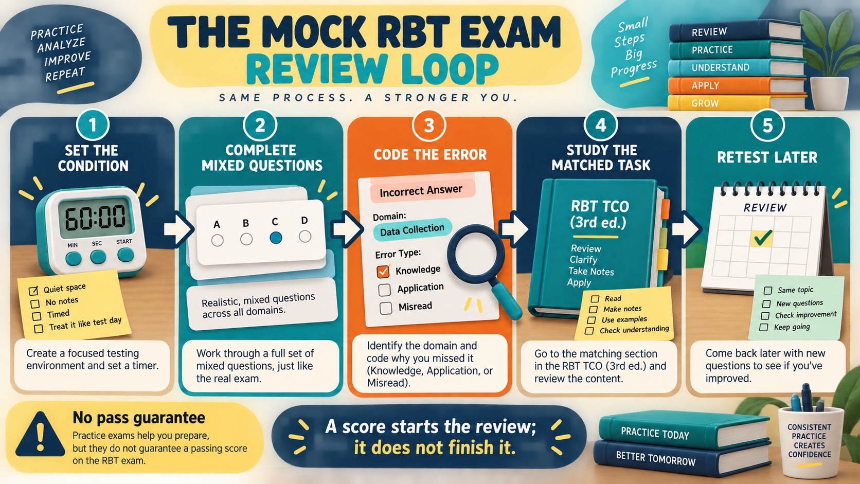 No-person infographic showing the mock RBT exam review loop: set the condition, complete mixed questions, code the error, study the matched RBT TCO task, and retest later.