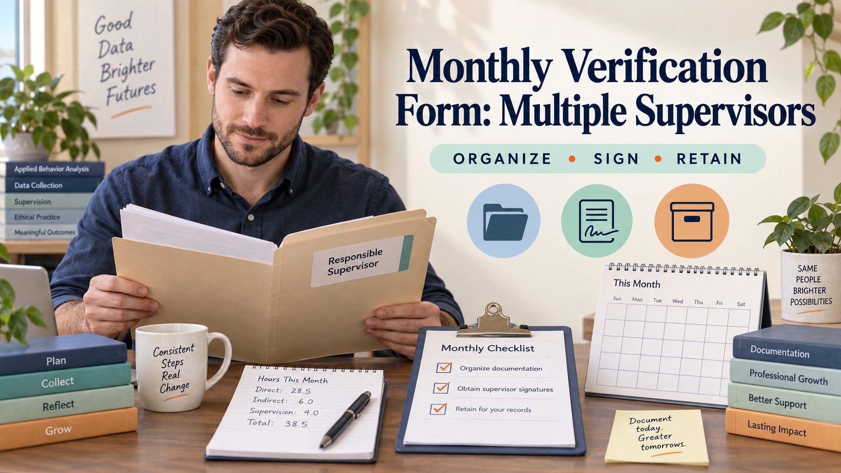A White male fieldwork trainee reviews a generic monthly verification folder, calendar deadline, responsible supervisor checklist, and signature documents in one integrated editorial scene.