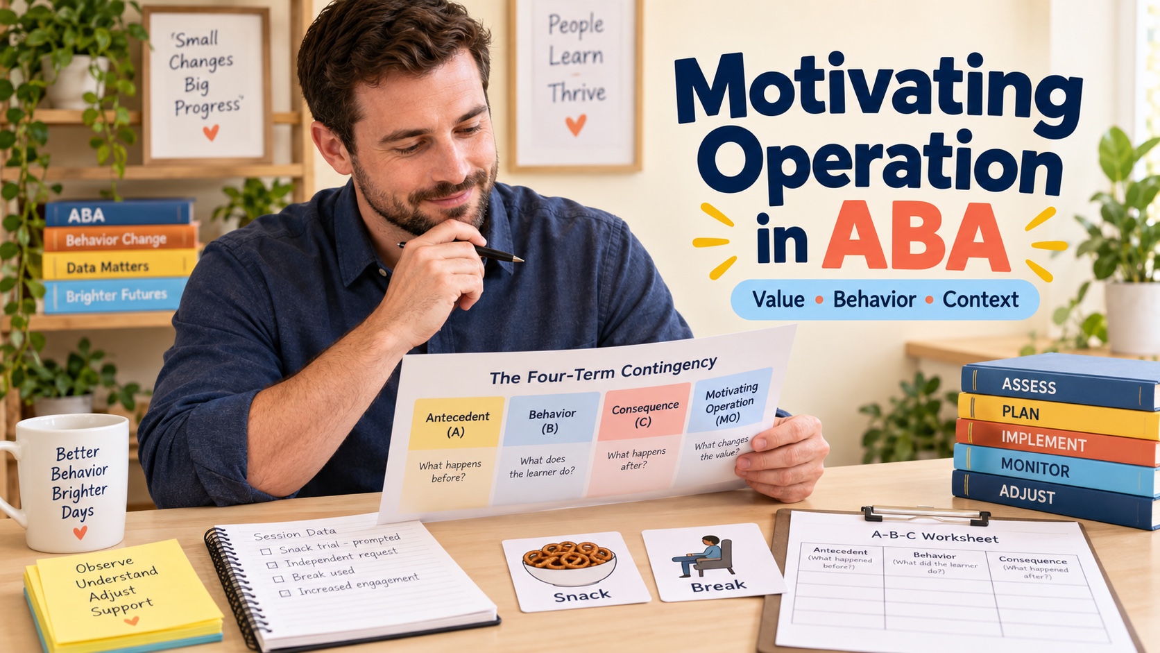 A White man ABA learner reviewing a four-term contingency chart with a snack card, break card, and data notes in an editorial study scene.