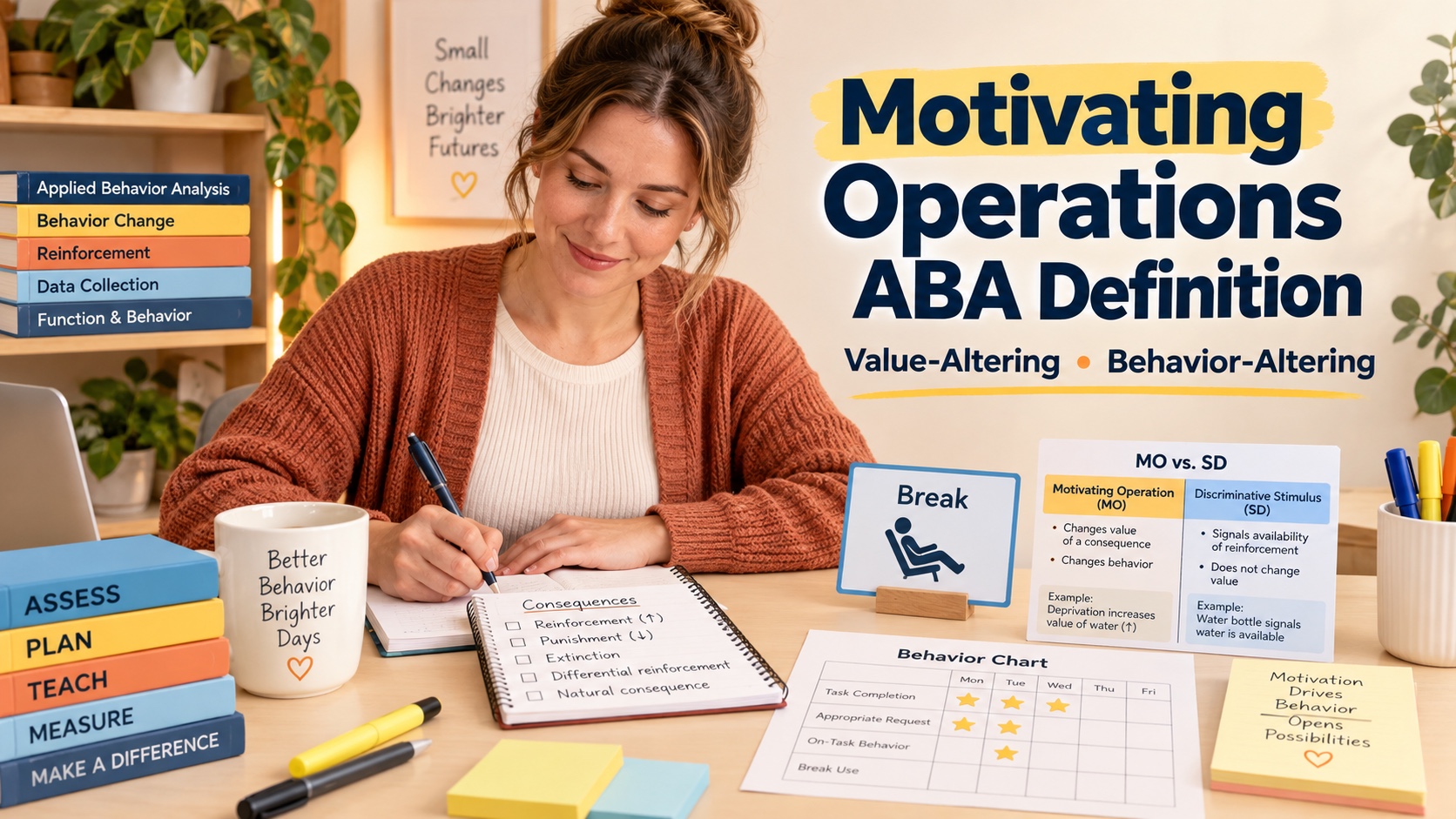 A White woman ABA learner reviewing a motivating operations definition with a break card, consequence notes, and a simple behavior chart in an editorial study scene.