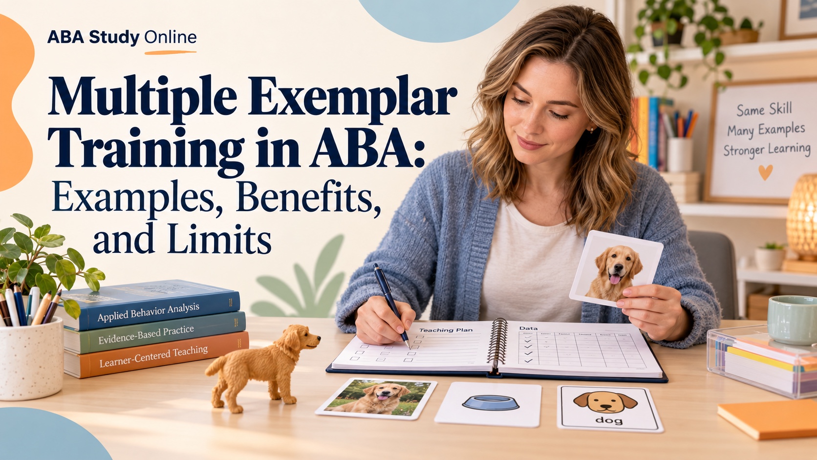 A realistic White woman reviews a teaching plan with varied dog exemplars, data notes, and the integrated title Multiple Exemplar Training in ABA: Examples, Benefits, and Limits.