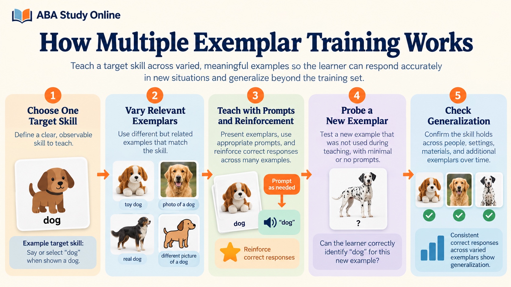 No-person infographic showing five steps of multiple exemplar training: choose one target skill, vary relevant exemplars, teach with prompts and reinforcement, probe a new exemplar, and check generalization.