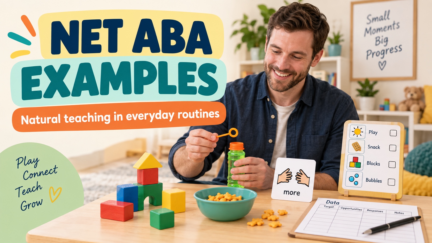 A White male ABA professional plans natural environment teaching examples around play materials, snack items, a communication card, and a routine checklist in one integrated editorial scene.