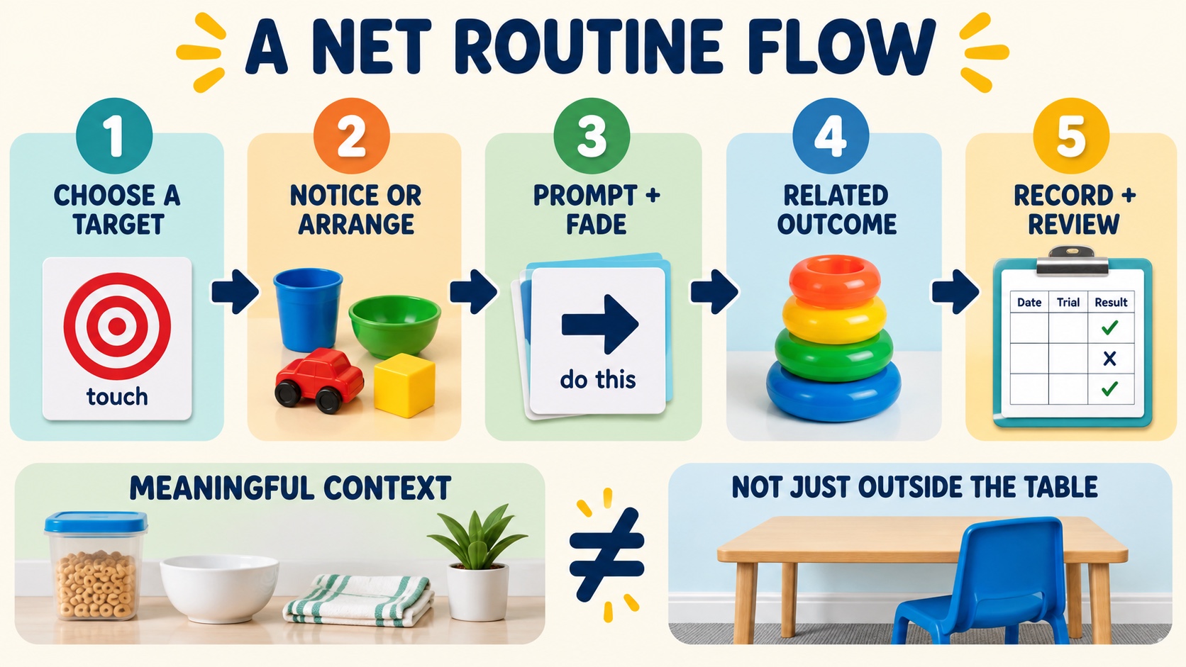 No-person infographic showing a NET routine flow: choose a target, notice or arrange an opportunity, prompt and fade, deliver the related consequence, and measure the response.
