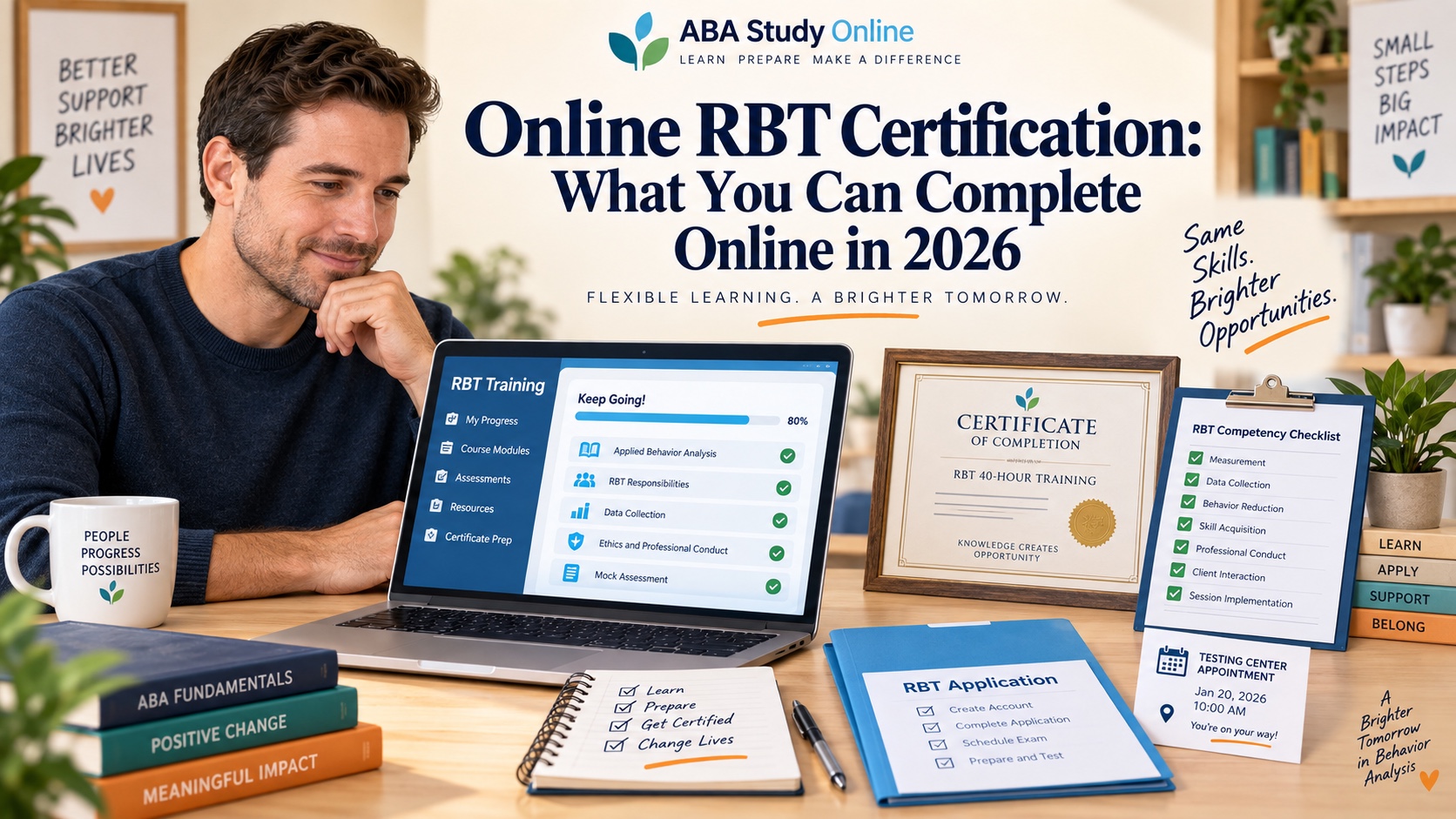 A White man reviews an online RBT training dashboard, a training certificate, a competency checklist, an application folder, and a testing-center appointment cue in an integrated ABA Study Online editorial scene.