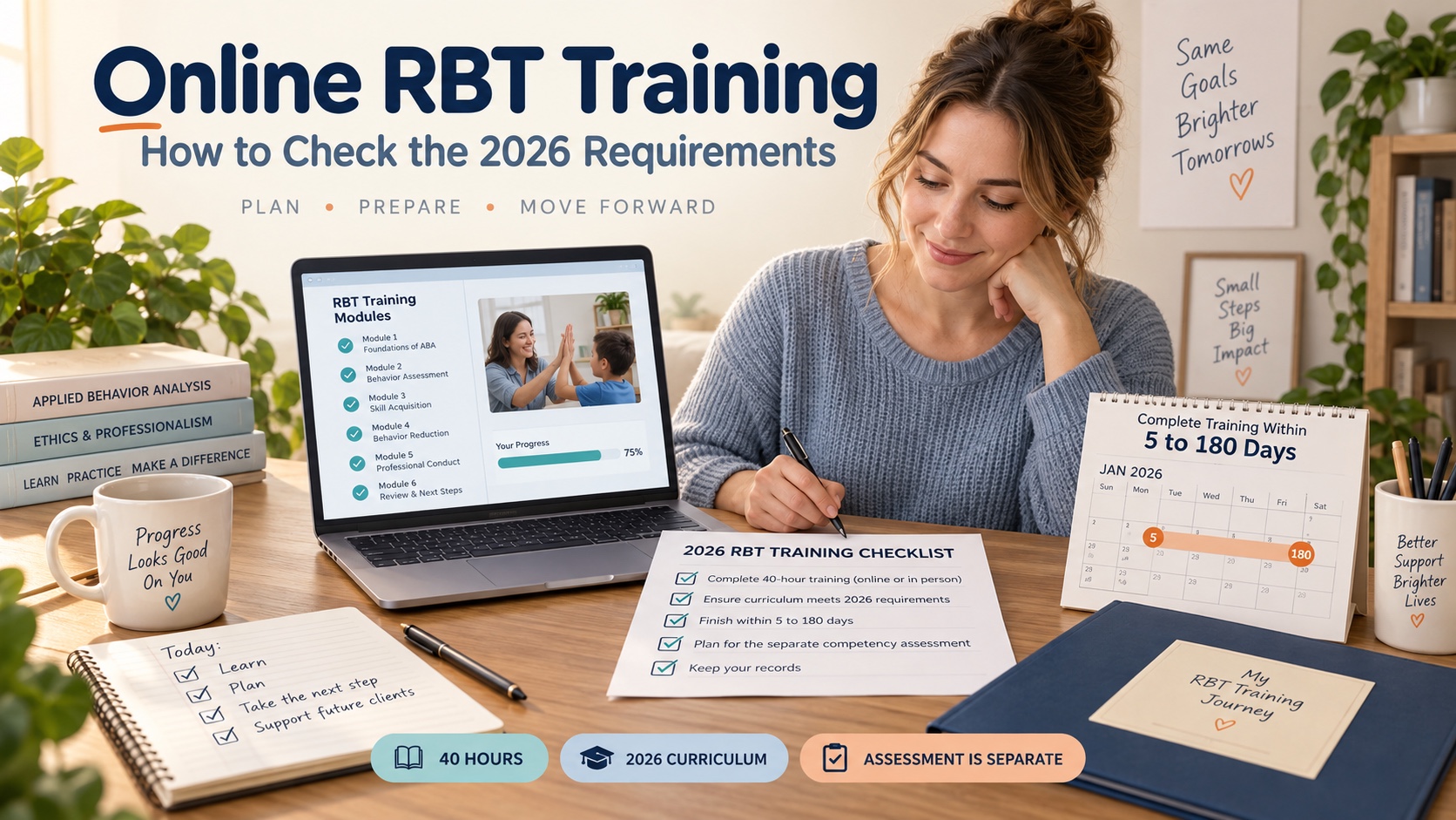 A White female learner reviews an online RBT training plan with a laptop, course modules, a completion calendar, and a separate competency-assessment checklist in one integrated editorial scene.