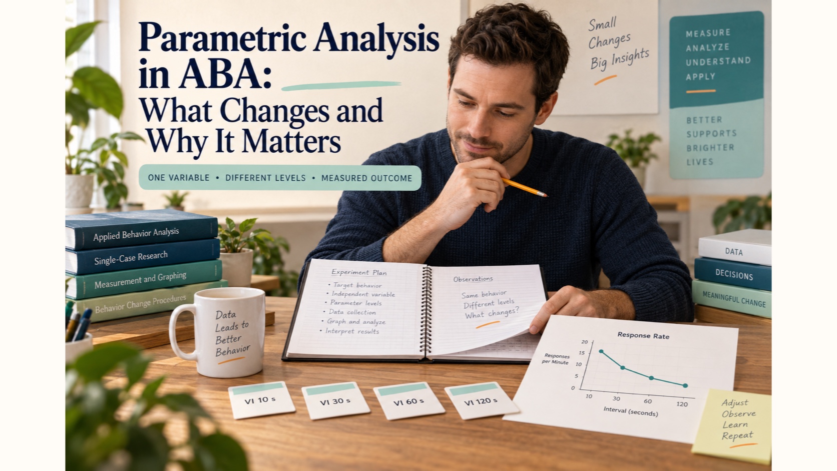 A White male ABA learner reviewing parameter cards, a single-case graph, and an experiment notebook.