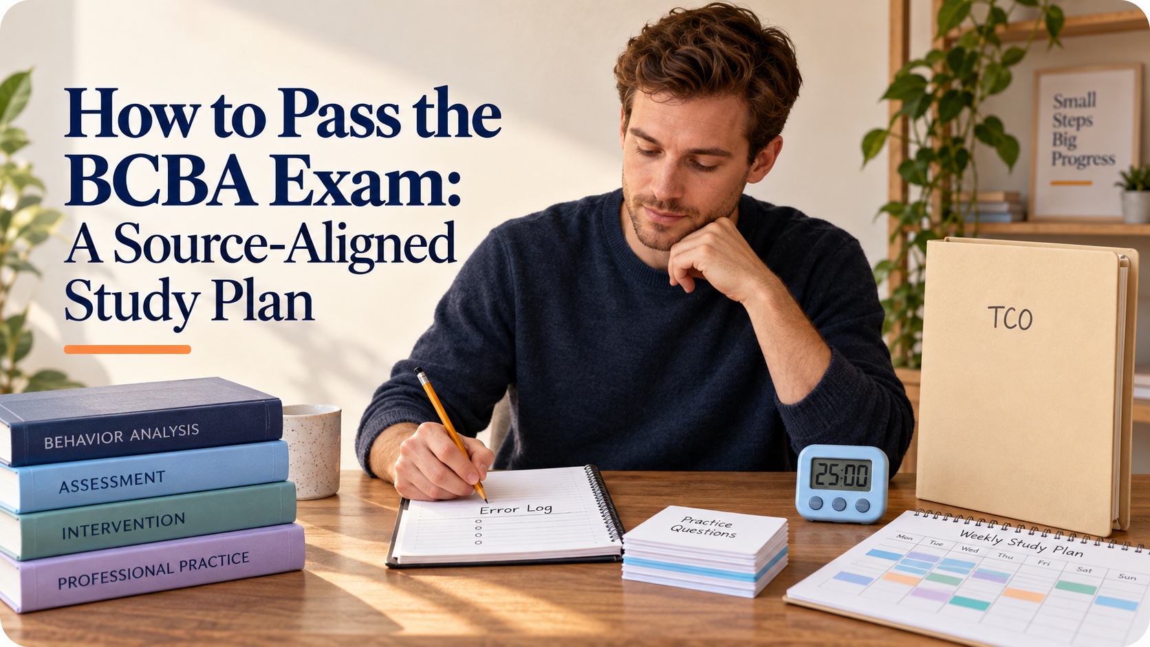 A realistic White man studies for the BCBA exam with a current TCO folder, error log, practice question cards, timer, and study calendar in an integrated ABA Study Online editorial scene.