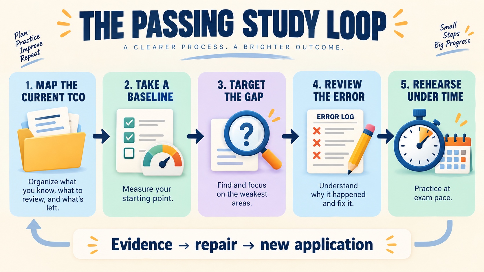 No-person infographic showing the BCBA exam study loop from the current TCO map to a baseline diagnostic, targeted practice, error review, and timed rehearsal.