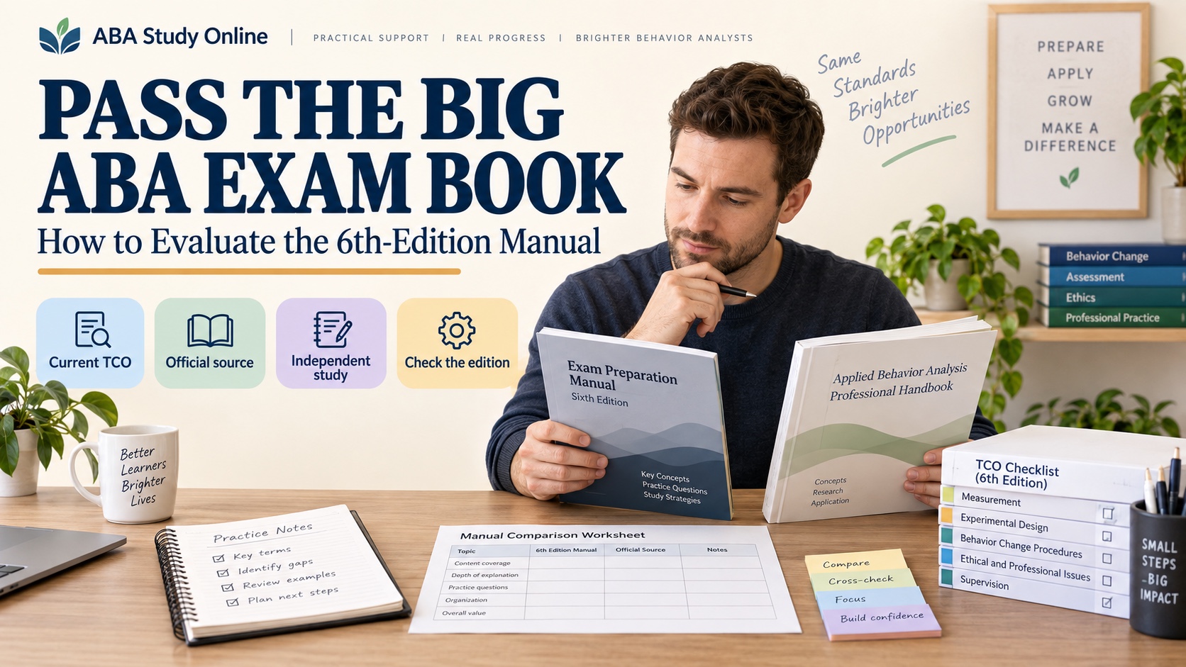 A White male BCBA learner compares a third-party Pass the Big ABA Exam manual with the official TCO, Handbook, practice notes, and a study audit checklist in one integrated editorial scene.